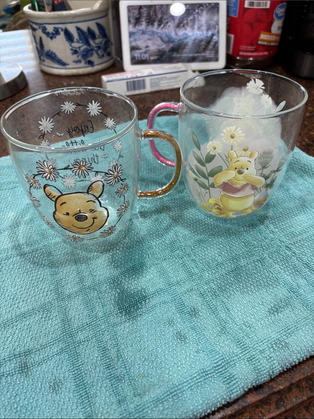 Disney Winnie the Pooh Glass Mugs with Daisy Art and Gold Handles